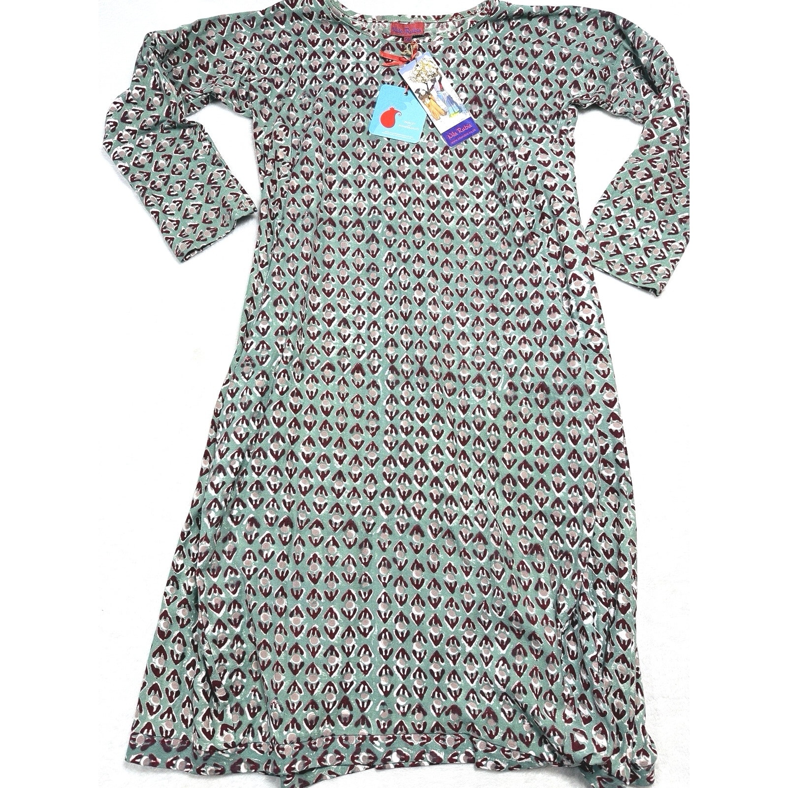 Nila Rubia 100% Cotton Nwt Hand Block Print Dress Sage And Maroon Women Sz S/M